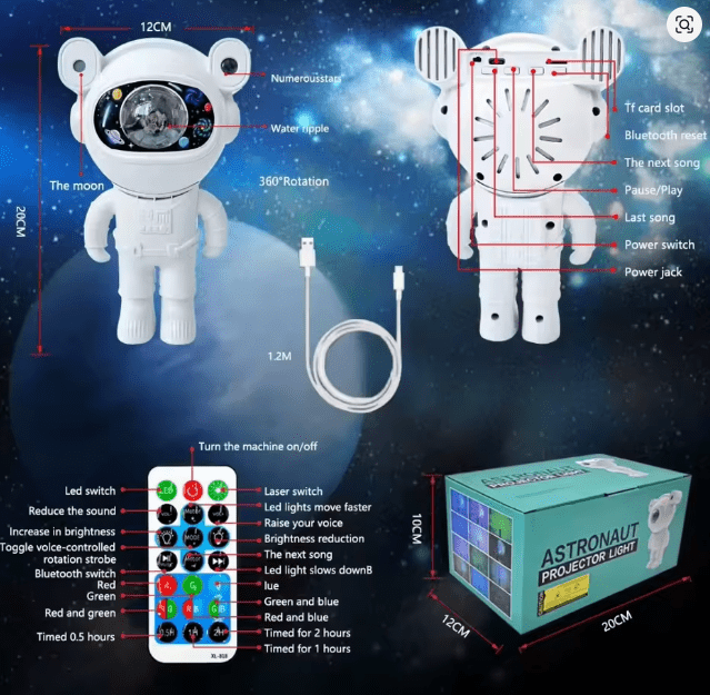 Proyector de luz LED de estrella de astronauta con Bluetooth, luz nocturna de ambiente - Quierox - Tienda Online