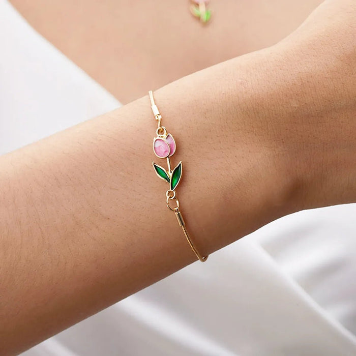 Pulsera de Color dorado con flor de tulipán rosa para mujer - Quierox - Tienda Online