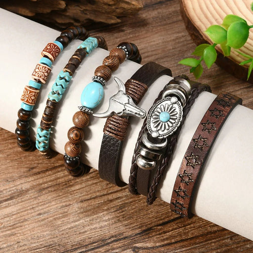 Pulsera de hombre de 6 piezas de cuero con cabeza de toro, turquesa y wengué - Quierox - Tienda Online