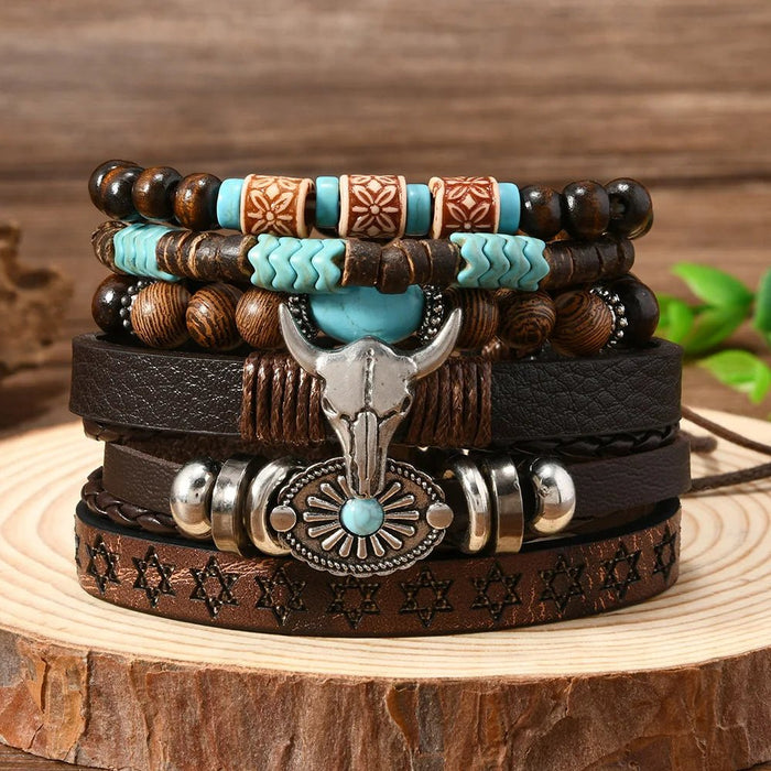 Pulsera de hombre de 6 piezas de cuero con cabeza de toro, turquesa y wengué - Quierox - Tienda Online