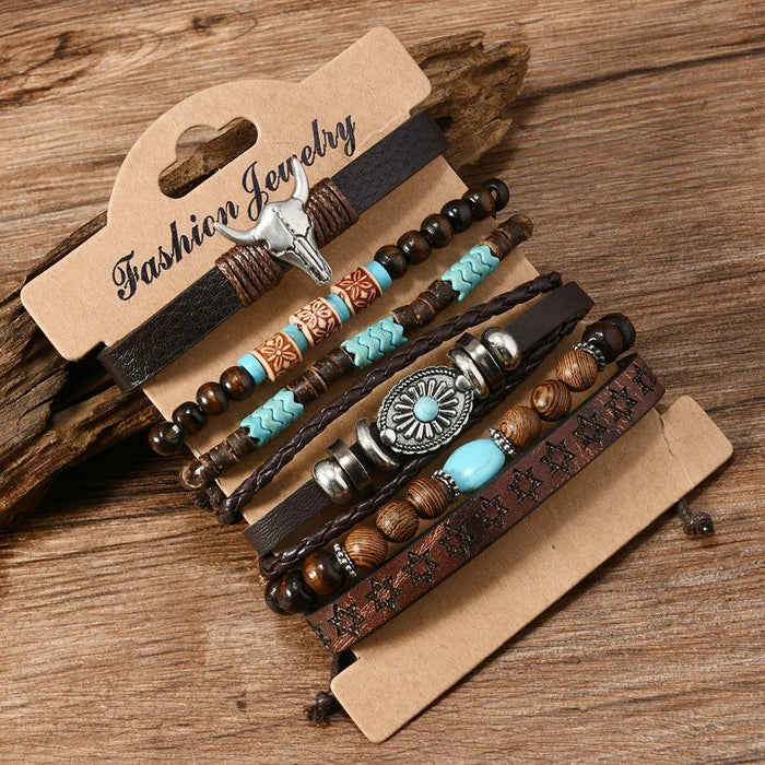 Pulsera de hombre de 6 piezas de cuero con cabeza de toro, turquesa y wengué - Quierox - Tienda Online
