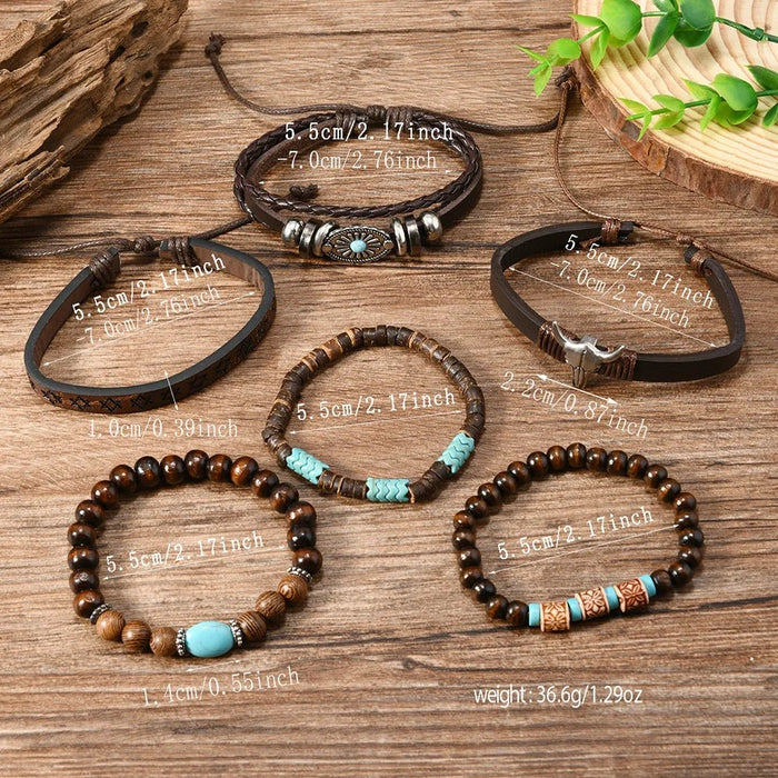 Pulsera de hombre de 6 piezas de cuero con cabeza de toro, turquesa y wengué - Quierox - Tienda Online