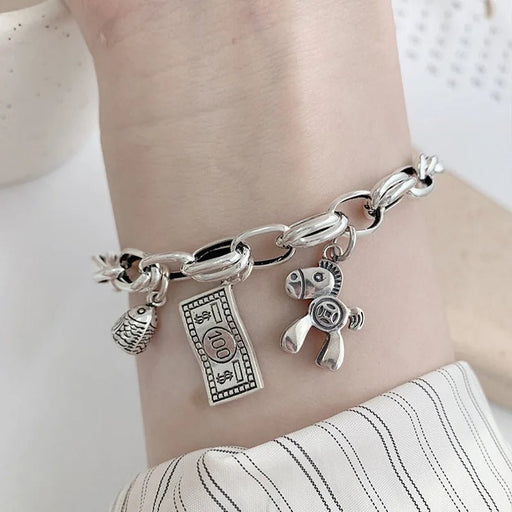 Pulsera de plata tailandesa con diseño de caballo, cabeza de pez y etiqueta de dólar, para mujer - Quierox - Tienda Online