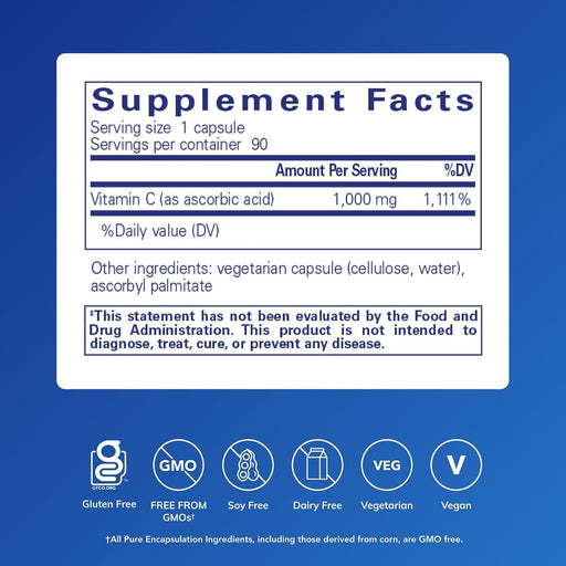Pure Encapsulations Cápsulas de ácido ascórbico - 1,000 mg de vitamina C - Quierox - Tienda Online
