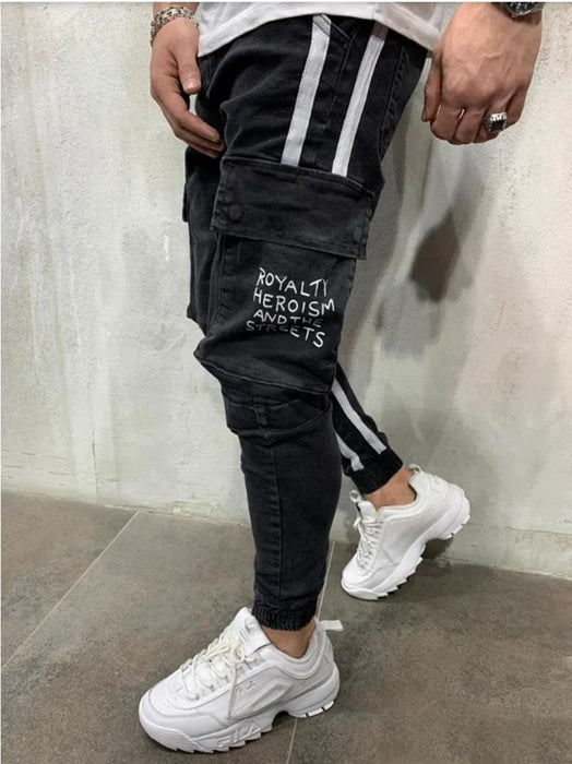 Pantalones de mezclilla estilo motero para hombre, ajustados tipo lápiz con detalle de bolsillo