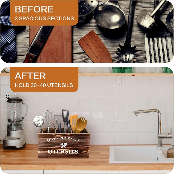 Recipientes para Utensilios de Madera Rústica con 3 Compartimentos para Encimera de Cocina - Quierox - Tienda Online