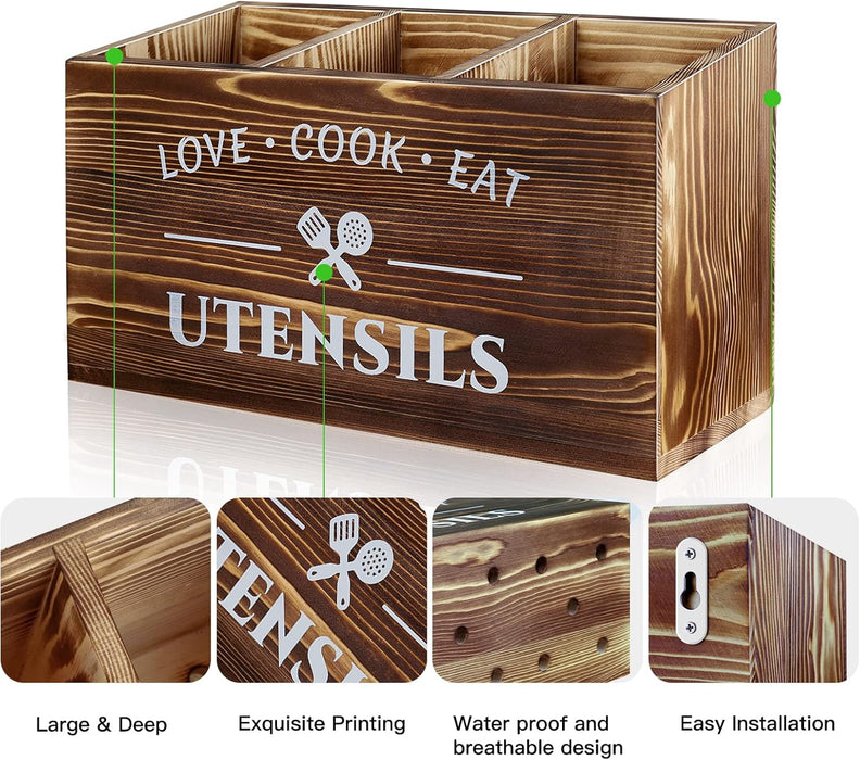 Recipientes para Utensilios de Madera Rústica con 3 Compartimentos para Encimera de Cocina - Quierox - Tienda Online