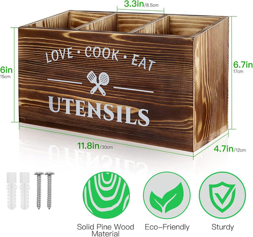 Recipientes para Utensilios de Madera Rústica con 3 Compartimentos para Encimera de Cocina - Quierox - Tienda Online
