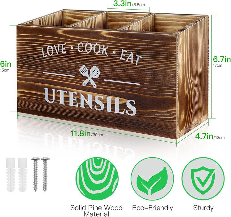 Recipientes para Utensilios de Madera Rústica con 3 Compartimentos para Encimera de Cocina - Quierox - Tienda Online