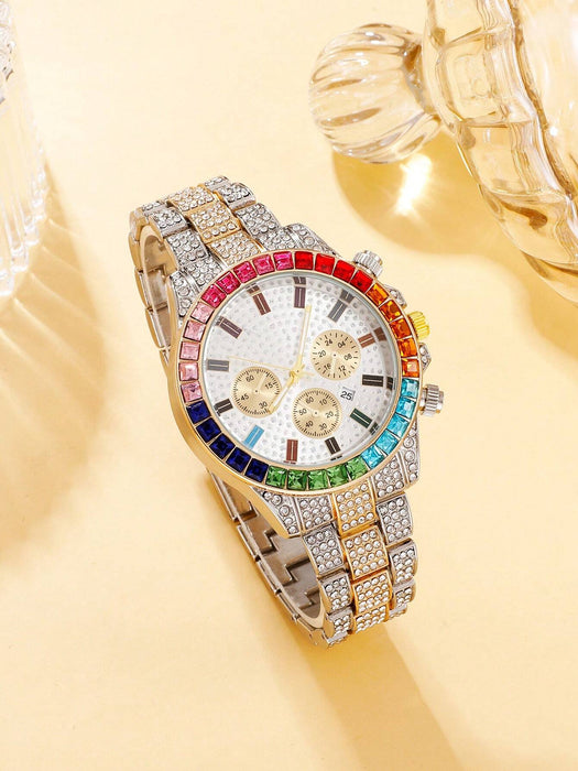 Reloj de cuarzo para hombre con triple esfera y fecha, con diamantes de imitación - Quierox - Tienda Online