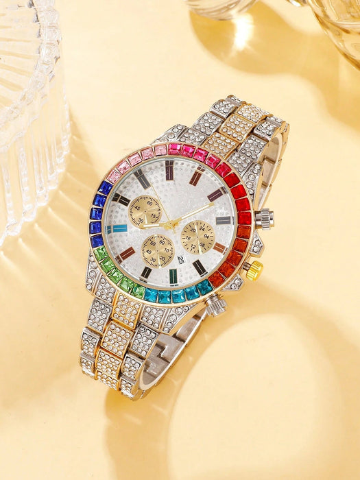 Reloj de cuarzo para hombre con triple esfera y fecha, con diamantes de imitación - Quierox - Tienda Online