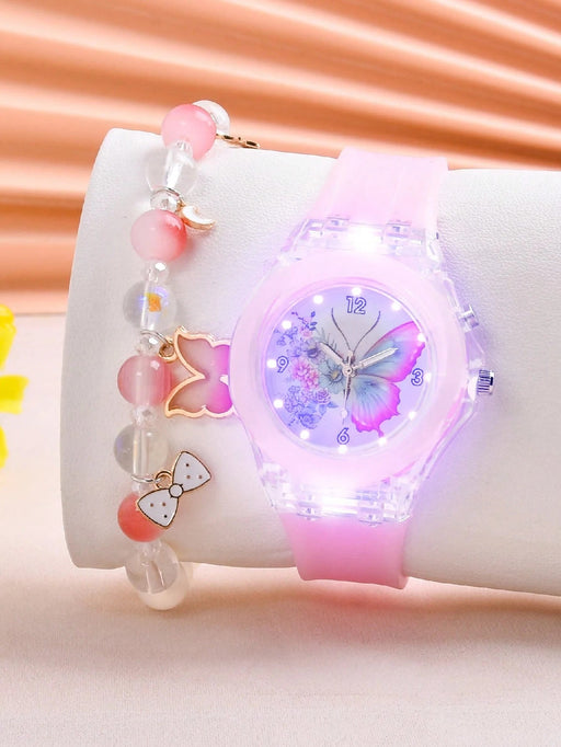 Reloj de cuarzo redondo luminoso con diseño de mariposa y pulsera para niñas - Quierox - Tienda Online