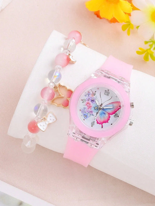 Reloj de cuarzo redondo luminoso con diseño de mariposa y pulsera para niñas - Quierox - Tienda Online