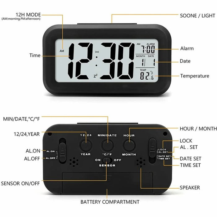 Reloj despertador con pantalla digital LED, calendario, temperatura, luz de fondo - Quierox - Tienda Online