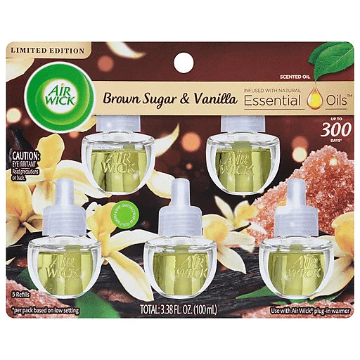 Air Wick Paquete de 5 Recambios de aceite perfumado para ambientador eléctrico con aroma a azúcar moreno y vainilla