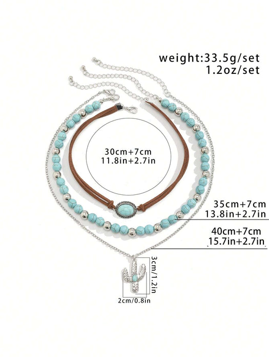 ROMWE Hippie Conjunto de collar de cuentas turquesas estilo vaquero occidental de 3 piezas - Quierox - Tienda Online