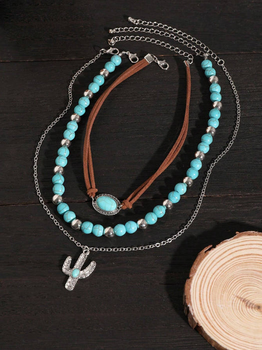 ROMWE Hippie Conjunto de collar de cuentas turquesas estilo vaquero occidental de 3 piezas - Quierox - Tienda Online