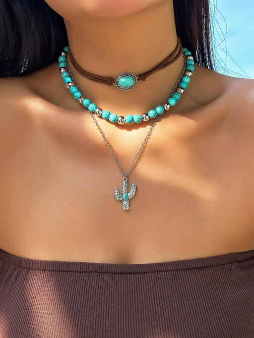 ROMWE Hippie Conjunto de collar de cuentas turquesas estilo vaquero occidental de 3 piezas - Quierox - Tienda Online