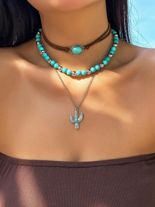 ROMWE Hippie Conjunto de collar de cuentas turquesas estilo vaquero occidental de 3 piezas - Quierox - Tienda Online
