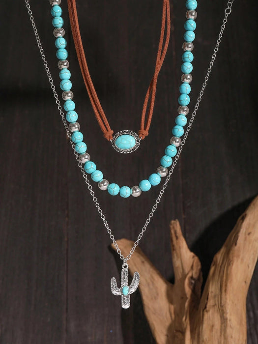 ROMWE Hippie Conjunto de collar de cuentas turquesas estilo vaquero occidental de 3 piezas - Quierox - Tienda Online