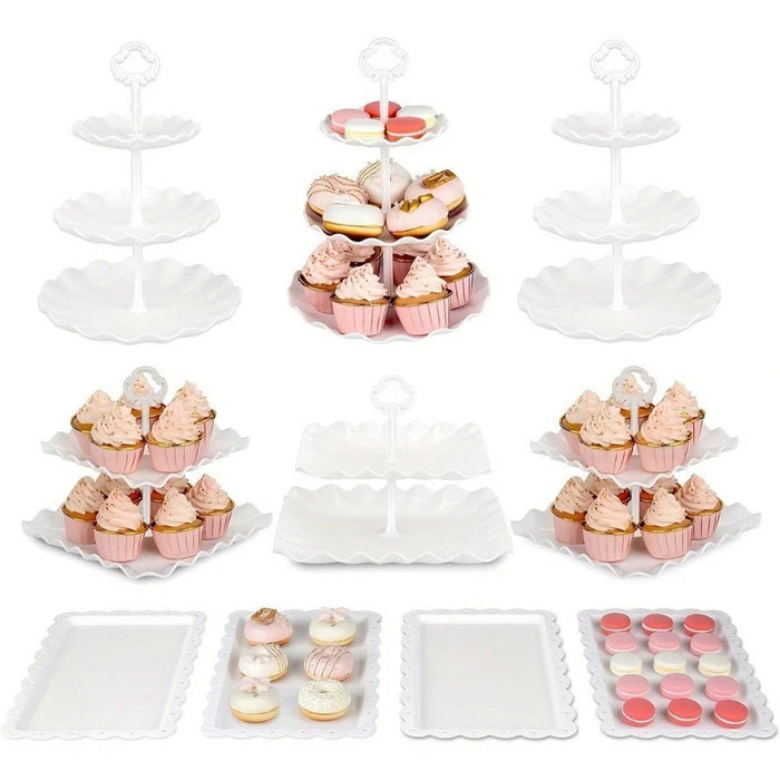 Juego de 10 piezas de soportes para pasteles: 3 soportes dobles, 3 soportes triples para cupcakes y 4 bandejas para aperitivos.
