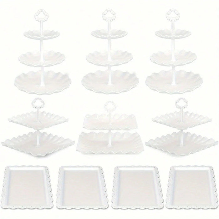 Juego de 10 piezas de soportes para pasteles: 3 soportes dobles, 3 soportes triples para cupcakes y 4 bandejas para aperitivos.