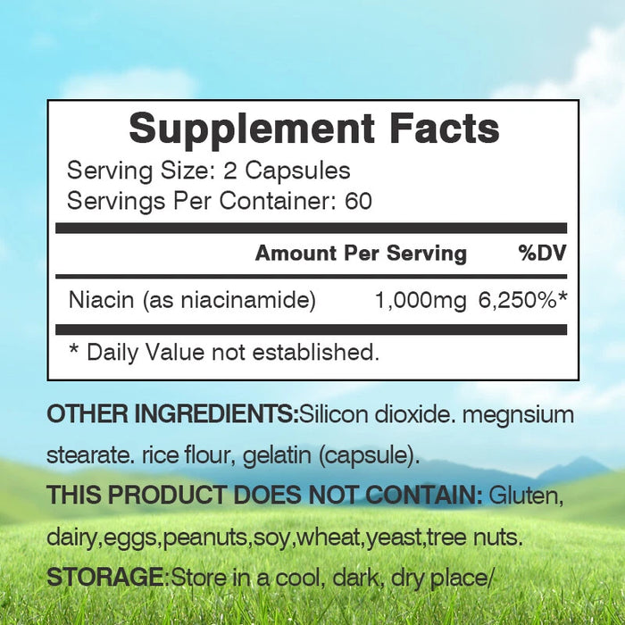 Niacinamida Vitamina B3 1000 mg - Antienvejecimiento, Aclara el tono de la piel