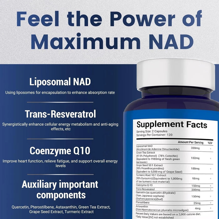 Suplemento NAD+ 120 cápsulas liposomal con resveratrol para energía celular