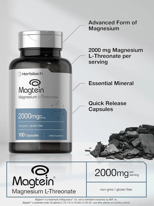 Horbaach Magtein L-treonato de magnesio 2000 mg Suplemento sin OGM ni gluten 100 cápsulas