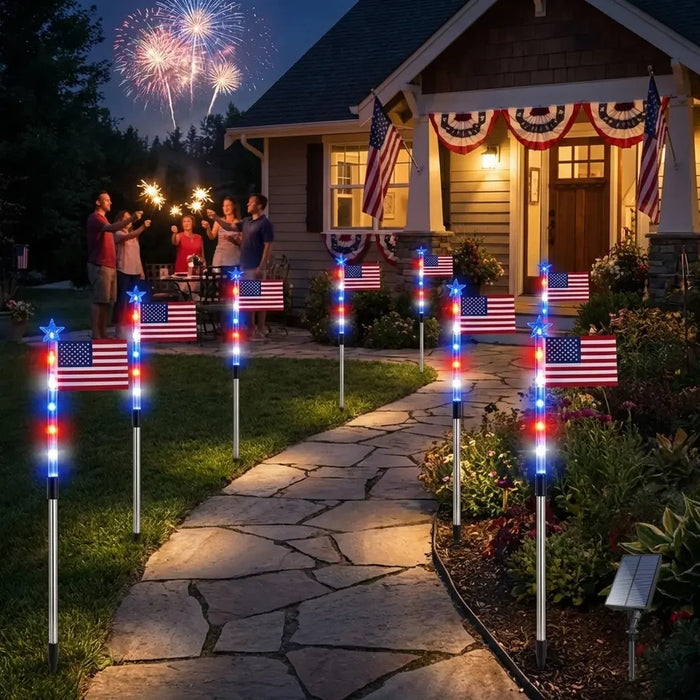Juego de 8 luces LED solares con forma de bandera estadounidense para la decoración del jardín
