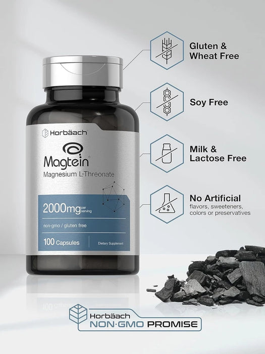Horbaach Magtein L-treonato de magnesio 2000 mg Suplemento sin OGM ni gluten 100 cápsulas