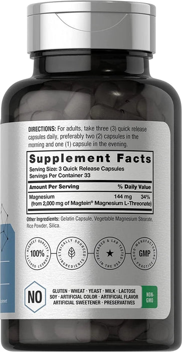 Horbaach Magtein L-treonato de magnesio 2000 mg Suplemento sin OGM ni gluten 100 cápsulas