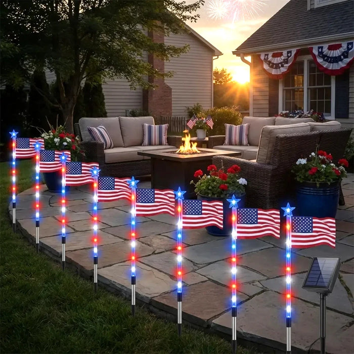 Juego de 8 luces LED solares con forma de bandera estadounidense para la decoración del jardín
