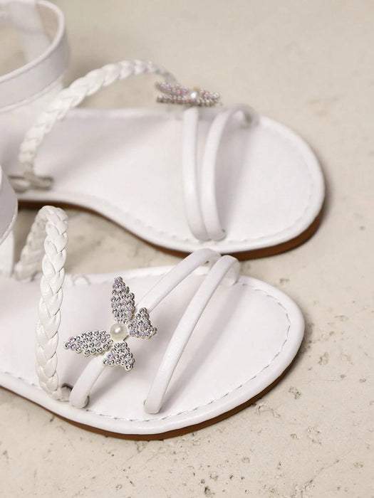 Sandalias planas blancas para niñas con decoración de perlas brillantes y mariposas - Quierox - Tienda Online