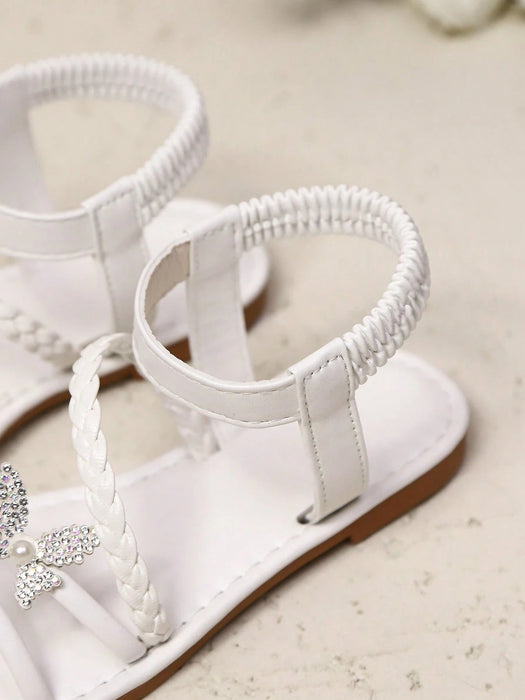 Sandalias planas blancas para niñas con decoración de perlas brillantes y mariposas - Quierox - Tienda Online