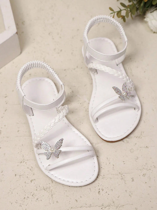 Sandalias planas blancas para niñas con decoración de perlas brillantes y mariposas - Quierox - Tienda Online