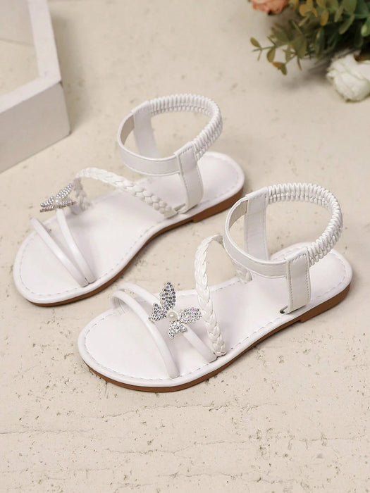 Sandalias planas blancas para niñas con decoración de perlas brillantes y mariposas - Quierox - Tienda Online