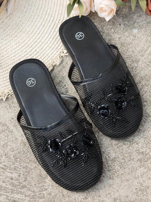 Sandalias planas de playa hechas a mano con cuentas y decoración floral, para mujer - Quierox - Tienda Online