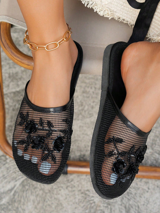 Sandalias planas de playa hechas a mano con cuentas y decoración floral, para mujer - Quierox - Tienda Online