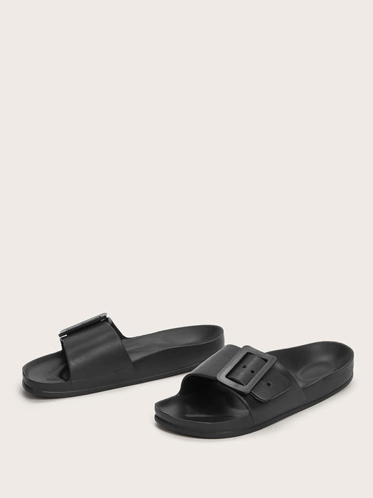 Sandalias planas informales para mujer, con hebilla y puntera abierta de goma lisa - Quierox - Tienda Online