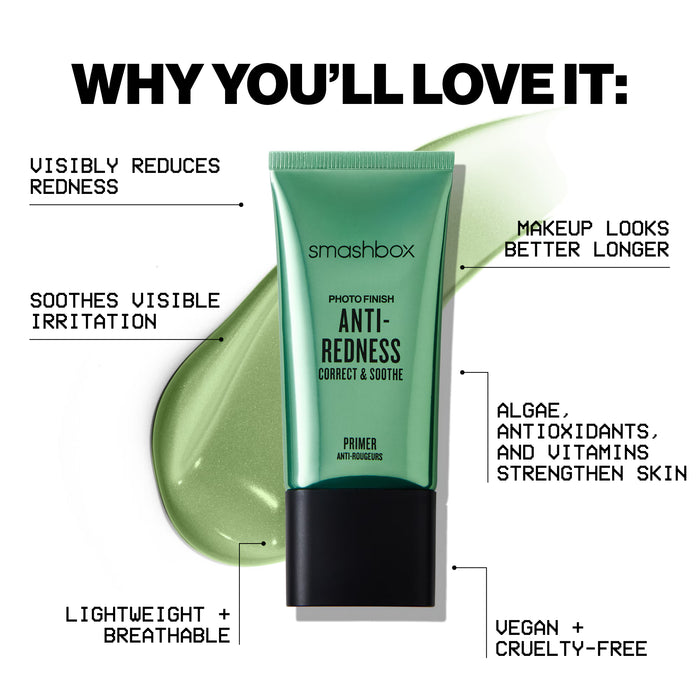 SMASHBOX Prebase correctora antienrojecimiento Photo Finish con rosa, algas y champiñones 30ml