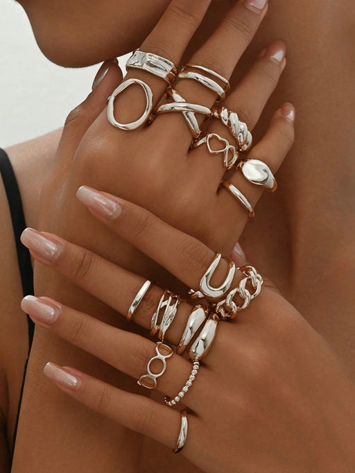 Set de 16 anillos con diseño geométrico de estilo punk, de moda vintage - Quierox - Tienda Online