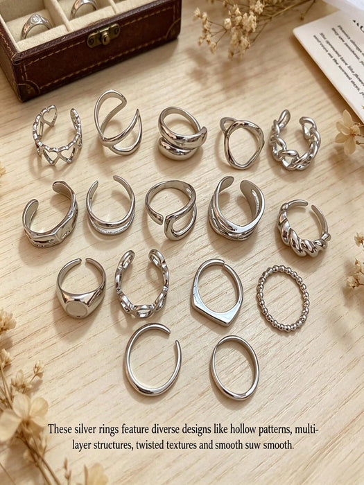 Set de 16 anillos con diseño geométrico de estilo punk, de moda vintage - Quierox - Tienda Online