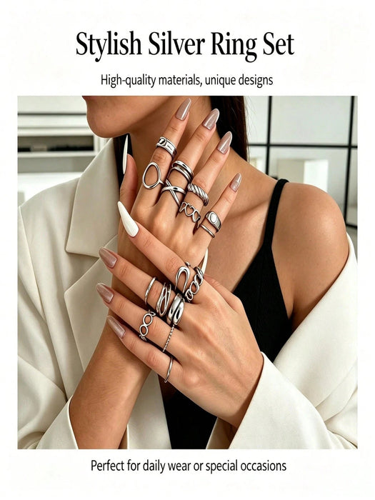 Set de 16 anillos con diseño geométrico de estilo punk, de moda vintage - Quierox - Tienda Online