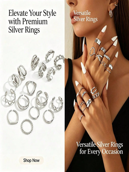 Set de 16 anillos con diseño geométrico de estilo punk, de moda vintage - Quierox - Tienda Online