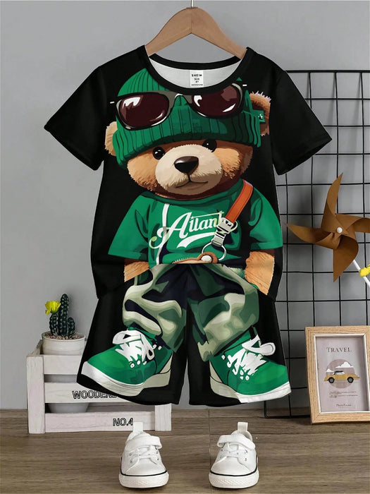 Set de 2 piezas de camiseta de manga corta con gráfico de oso de dibujos animados y pantalones cortos - Quierox - Tienda Online