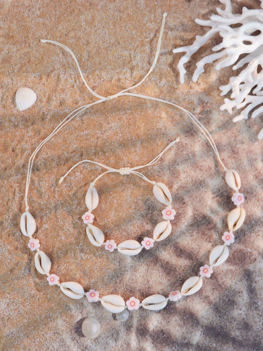 Set de 2 piezas de pulsera y collar con flores de arcilla polimérica y conchas - Quierox - Tienda Online