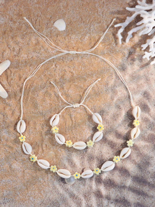 Set de 2 piezas de pulsera y collar con flores de arcilla polimérica y conchas - Quierox - Tienda Online