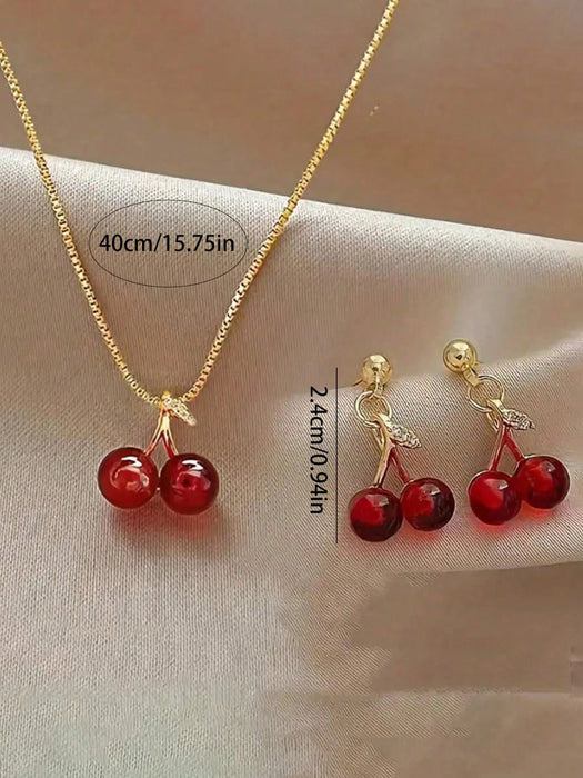 Set de 3 piezas de aretes y collar con diseño de cerezas, para mujeres - Quierox - Tienda Online