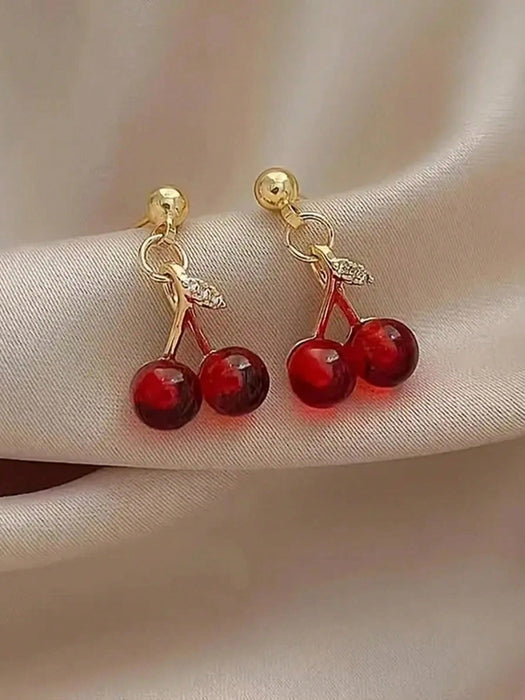 Set de 3 piezas de aretes y collar con diseño de cerezas, para mujeres - Quierox - Tienda Online